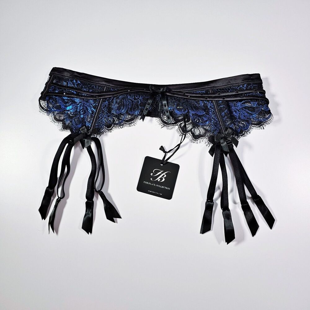 Honey Birdette Madame Sapphire Blue & Black Lace Suspender Garter Belt Size M